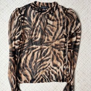 Electrica XS Sheer Tiger Print Mesh Top Brown Black Y2K Long Sleeve Ruched Blous
